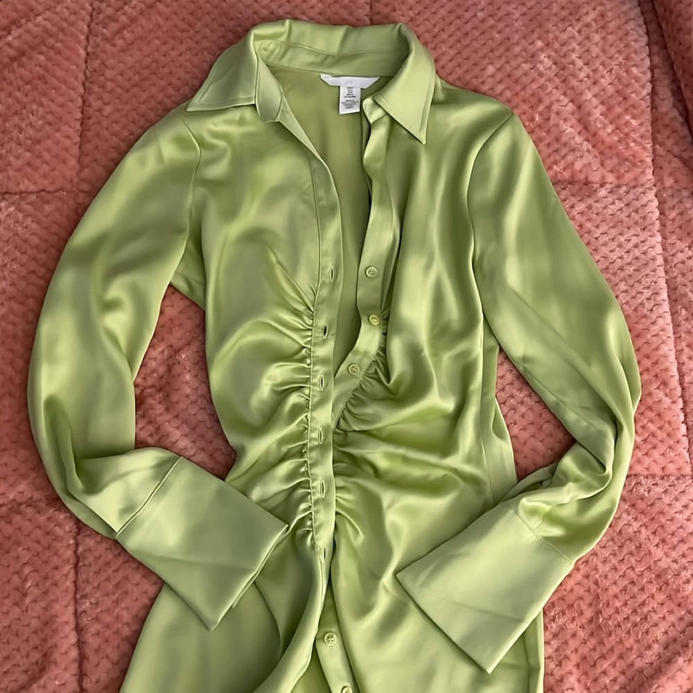 Lime green front button long sleeve mini dress